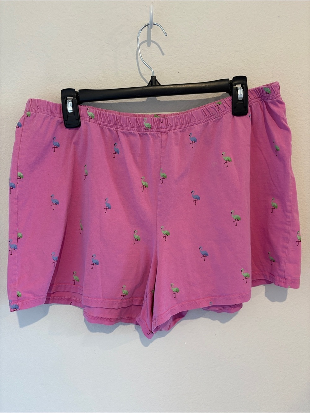 Pink shorts with green and blue flamingos with elastic waistband.  🦩 100% Cotton